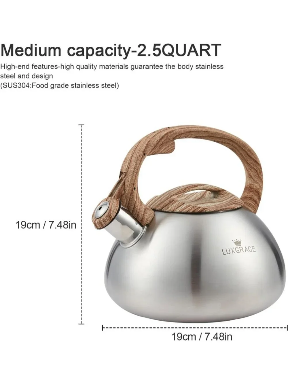 Silver Kitchen Whistling Tea Kettle 2.2 Quart Stainless Steel Stovetop Induction